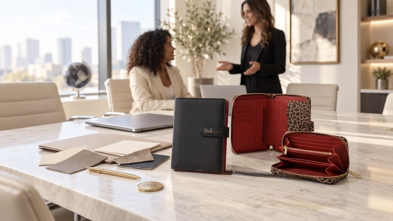 Nexella Luxe Solutions consulting meeting with the Noir, Leopard, and signature planner and portfolio collections displayed on an executive conference table.